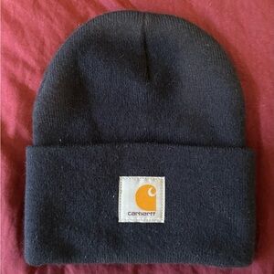Carhartt Navy Blue Knit Cuffed Beanie with Gold Logo Patch